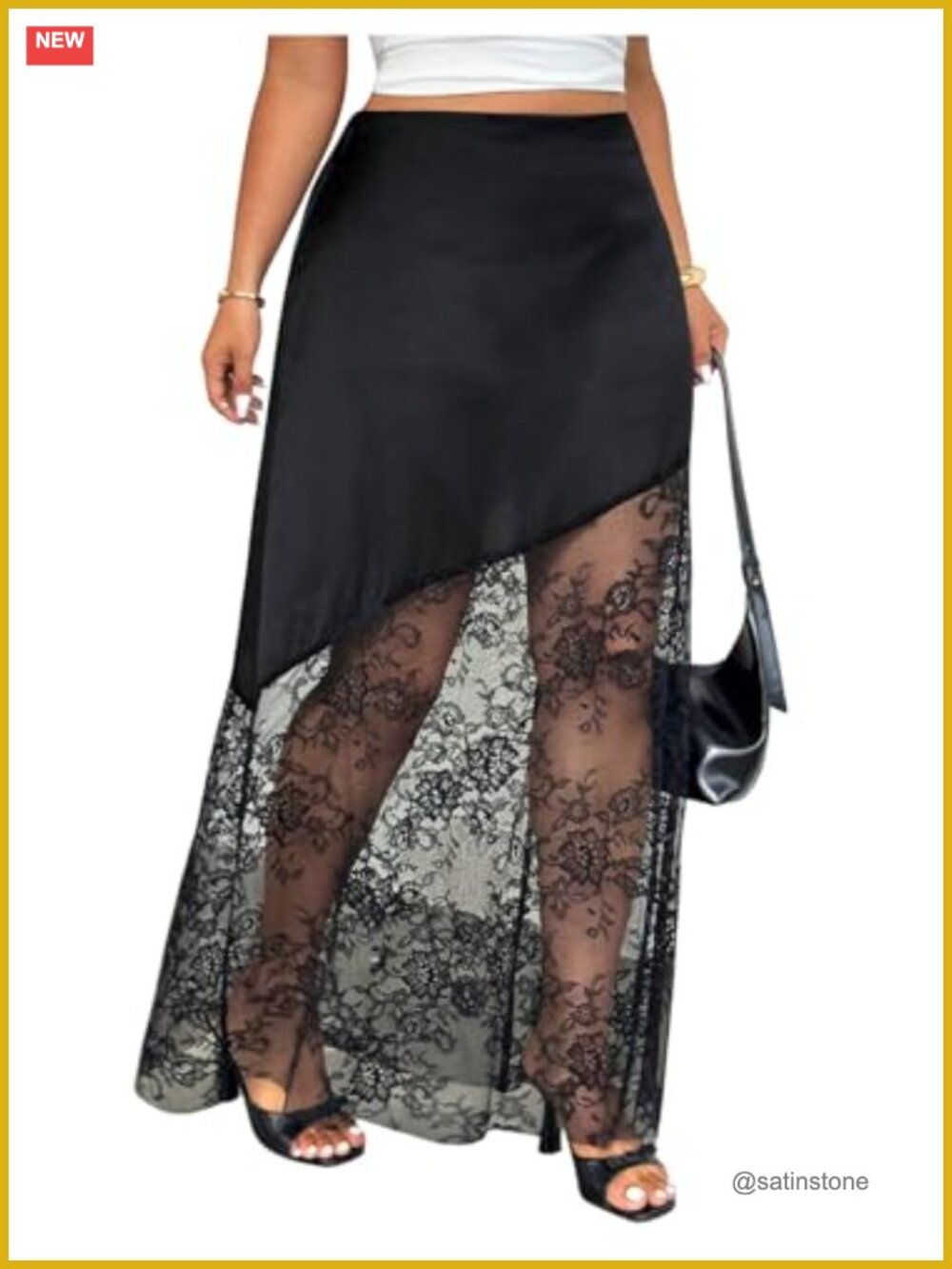 Plus Size Lace Satin Maxi Skirt High Waisted Flowy Long Skirts
